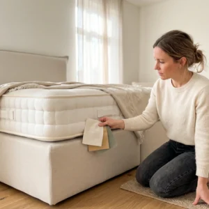Frau vergleicht zu Hause Naturstoff-Muster direkt am Stoff ihres Boxspringliebe-Betts